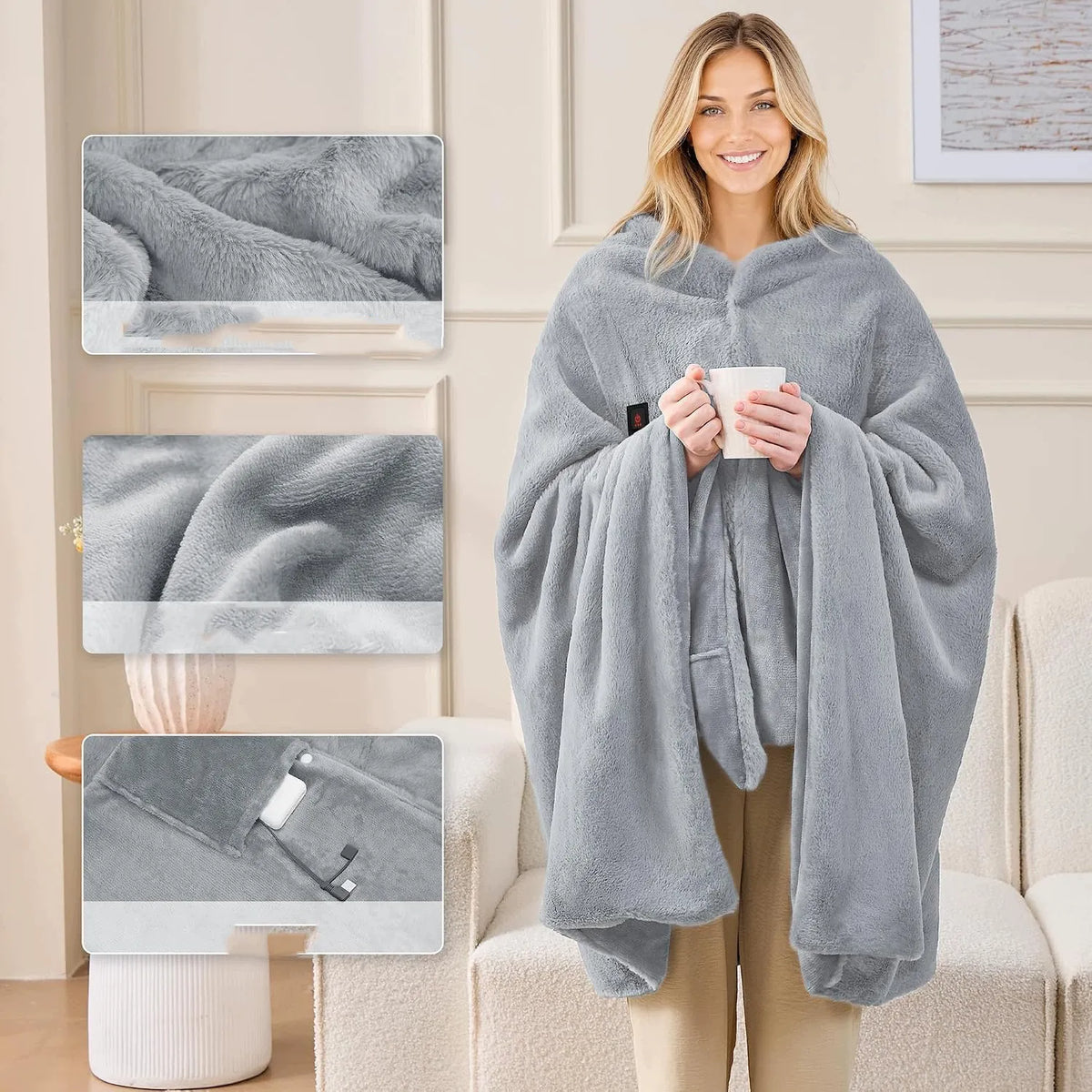 JYSafora šilta minkšta elektrinė antklodė-pončas, 150 × 80 cm