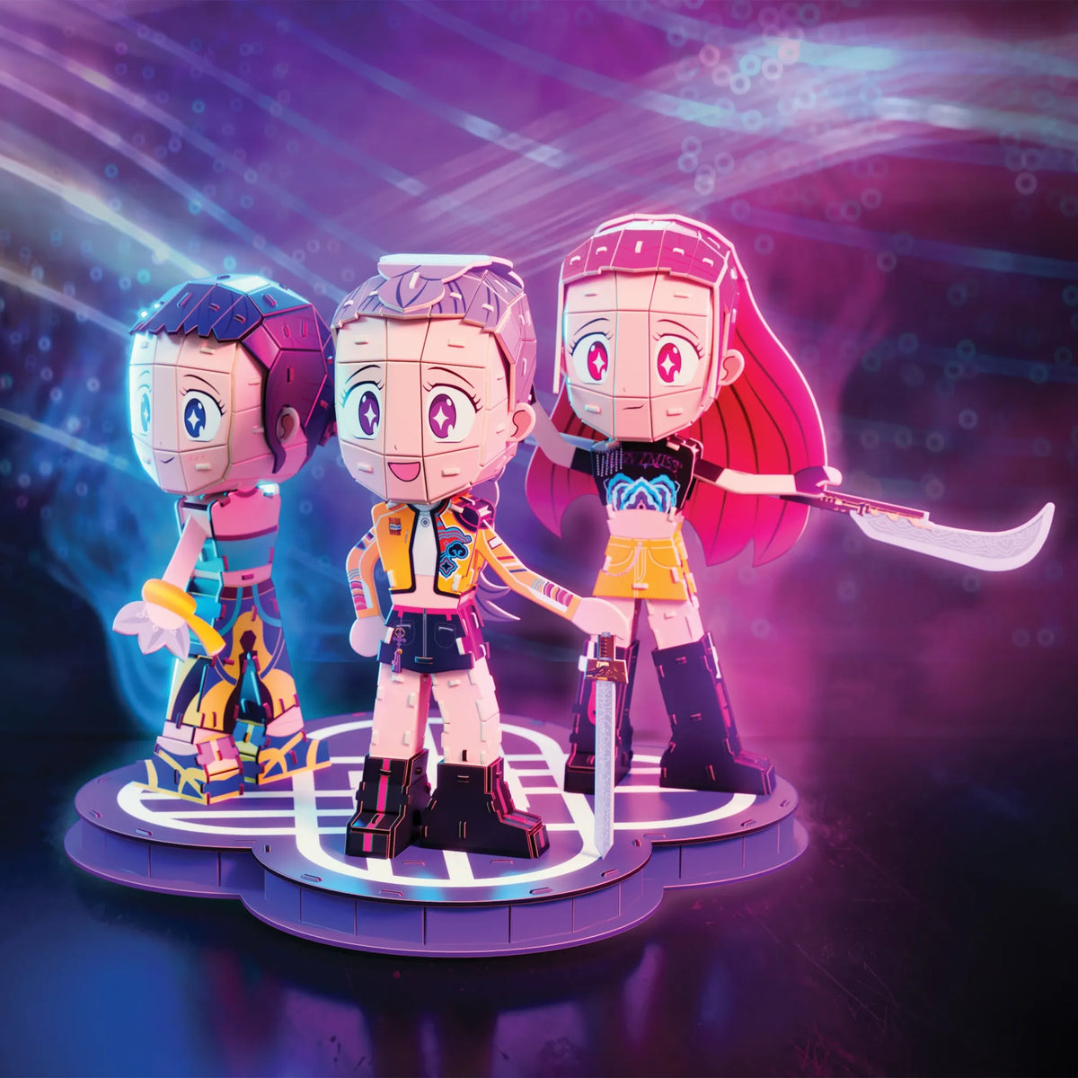 „K-Pop Demon Hunters“ 4D dėlionė „Huntrix“ Rumi, Mira ir Zoey, 3D modeliui surinkti, 212 detalių