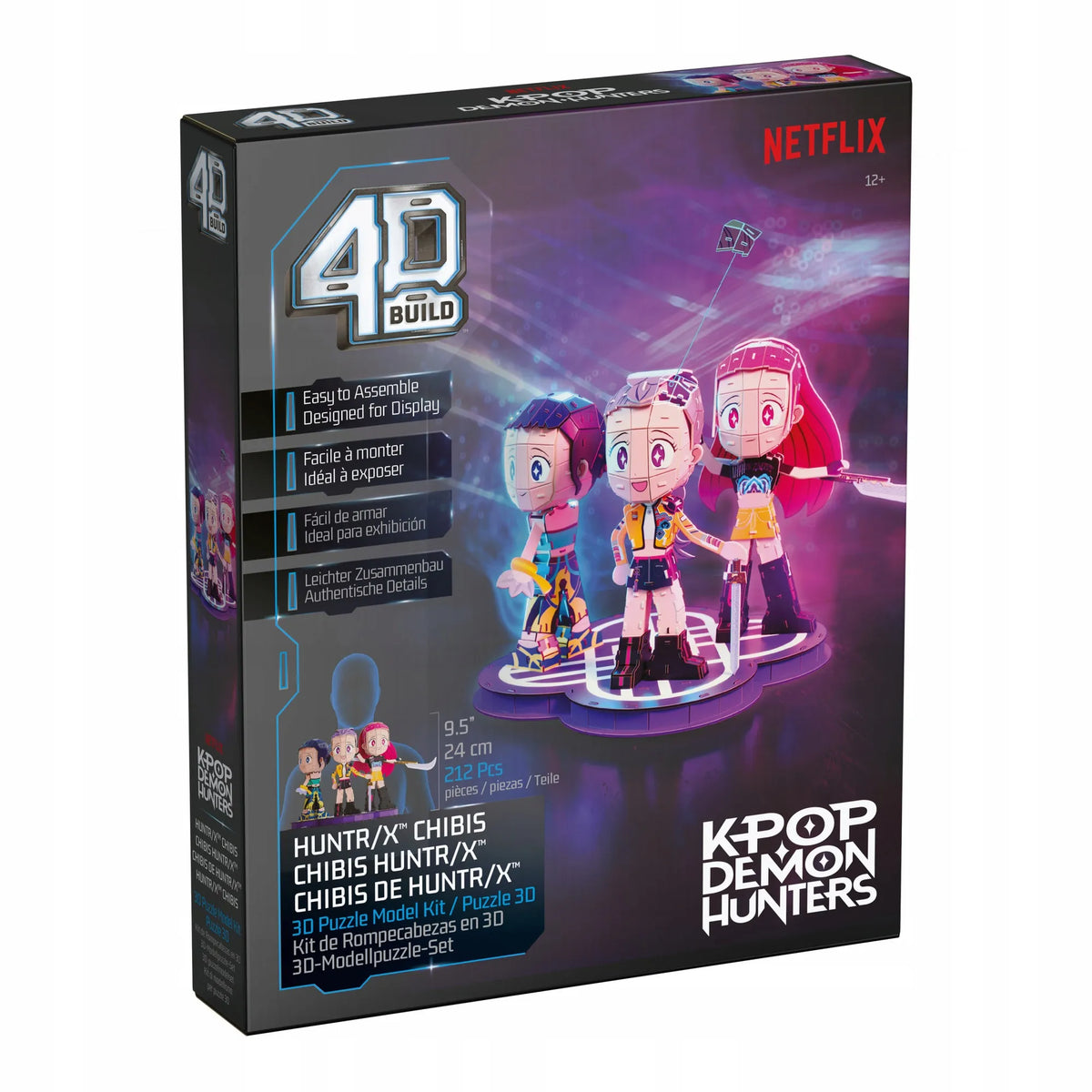 „K-Pop Demon Hunters“ 4D dėlionė „Huntrix“ Rumi, Mira ir Zoey, 3D modeliui surinkti, 212 detalių