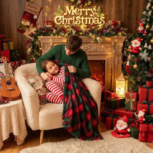 Kalėdinis languotas pledas, 160 × 200 cm, raudonas, minkštas, lovai ir sofai
