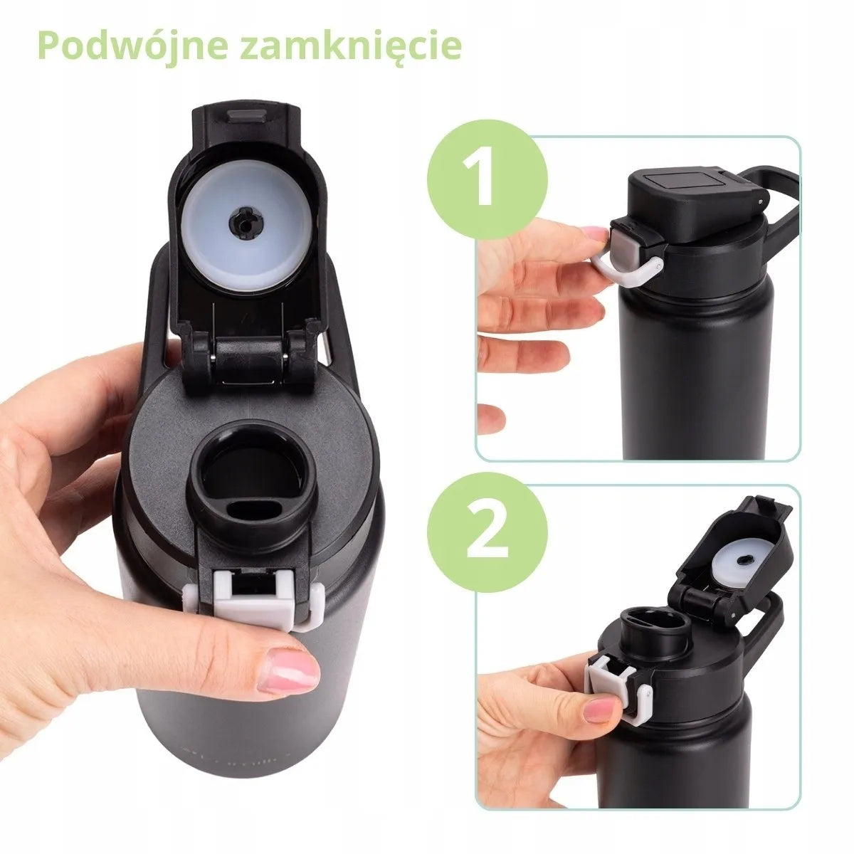 Kamille termo puodelis su užraktu ir snapeliu, 600 ml, matinės juodos spalvos
