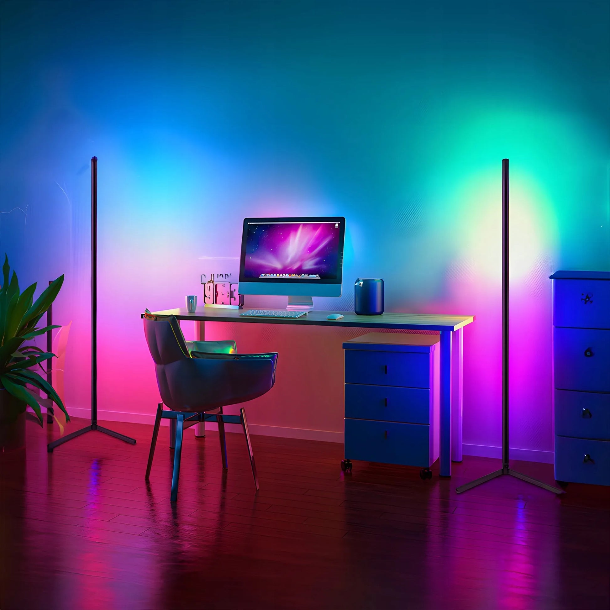Kampinė pastatoma RGB LED grindų lempa RETOO su nuotolinio valdymo pulteliu, programėle ir muzikos jutikliu, 140 cm