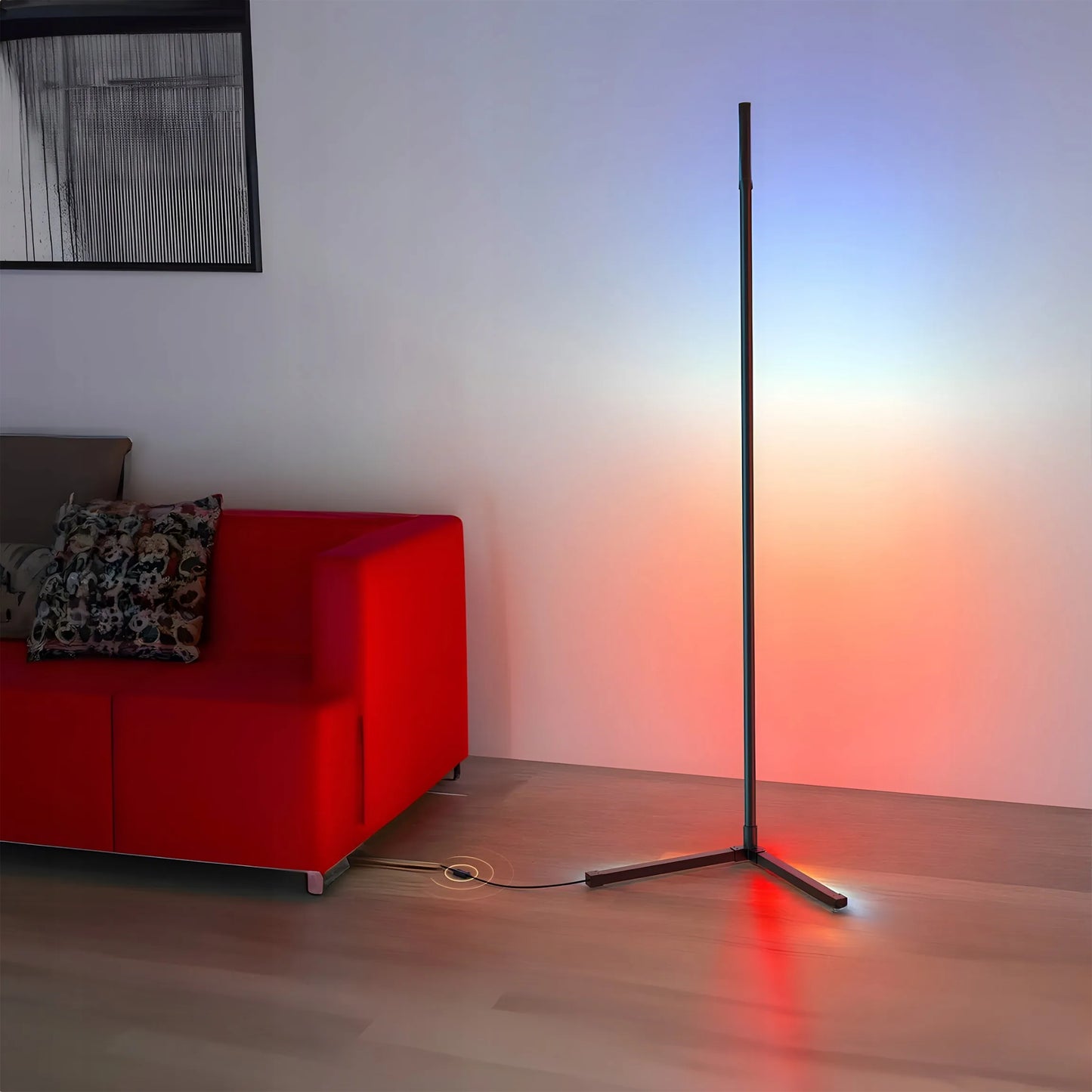 Kampinė pastatoma RGB LED grindų lempa RETOO su nuotolinio valdymo pulteliu, programėle ir muzikos jutikliu, 140 cm