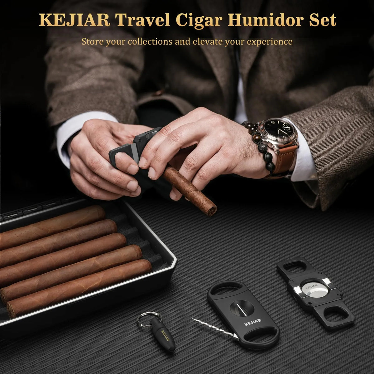 Keliaujantis cigarų humidoras 5 cigarams su higrometru, kedrinis, kompaktiškas