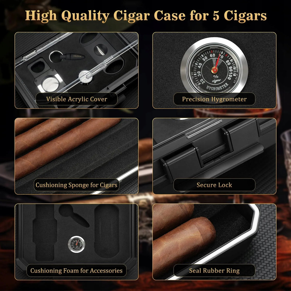 Keliaujantis cigarų humidoras 5 cigarams su higrometru, kedrinis, kompaktiškas