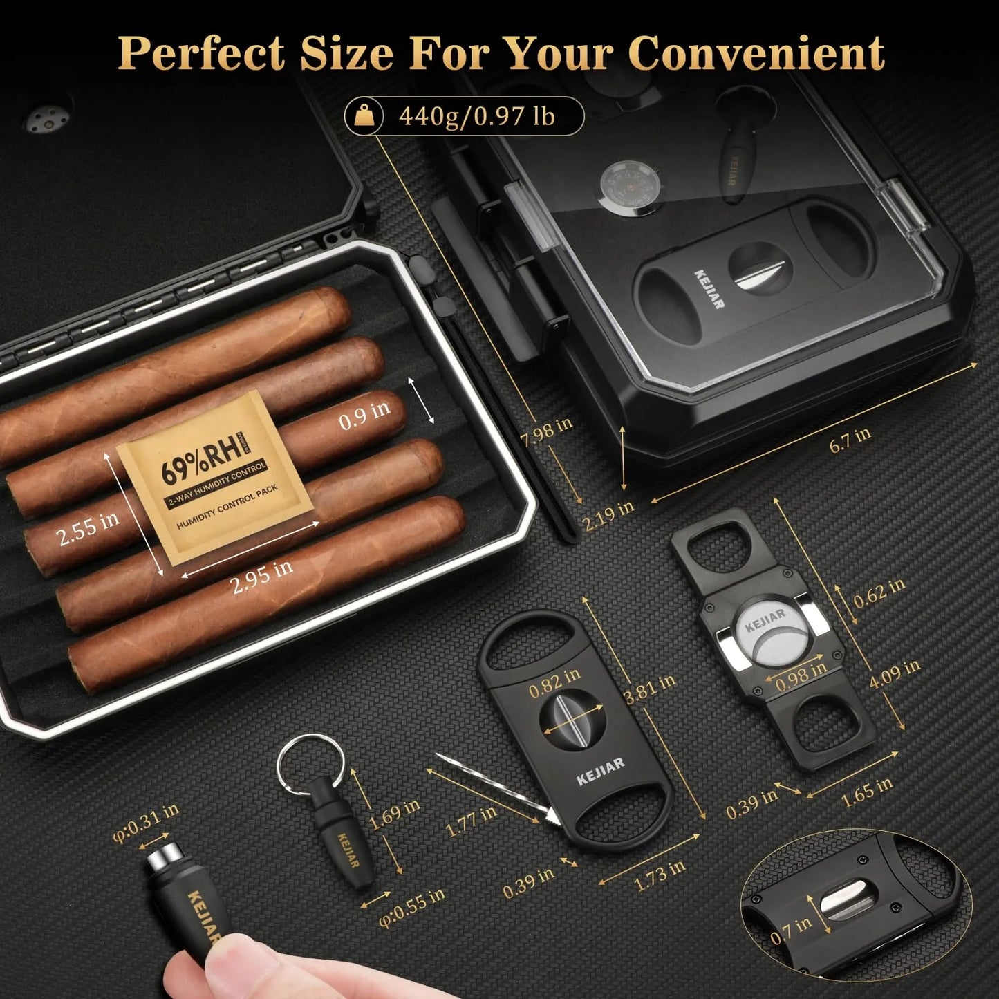 Keliaujantis cigarų humidoras 5 cigarams su higrometru, kedrinis, kompaktiškas