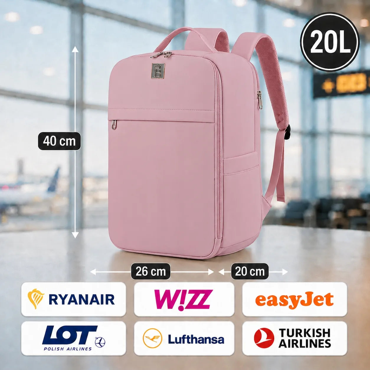Kelioninė kuprinė į lėktuvą 40x26x20 cm – patikimas rankinis bagažas Ryanair ir Wizz Air skrydžiams, rožinė