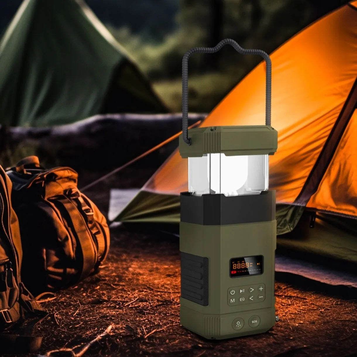 KEMPINGINIS žibintas su RADIJU, POWERBANK, BT GARSIAKALBIU, SAULĖS baterija, SOS 6in1 ir rankine įkrovimo svirtimi
