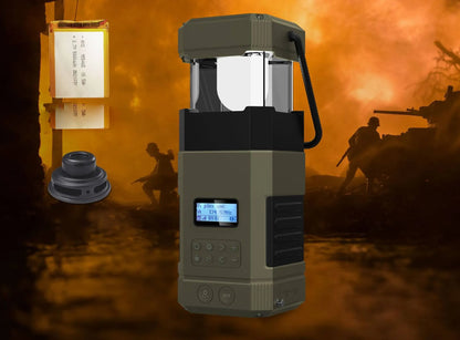 KEMPINGINIS žibintas su RADIJU, POWERBANK, BT GARSIAKALBIU, SAULĖS baterija, SOS 6in1 ir rankine įkrovimo svirtimi