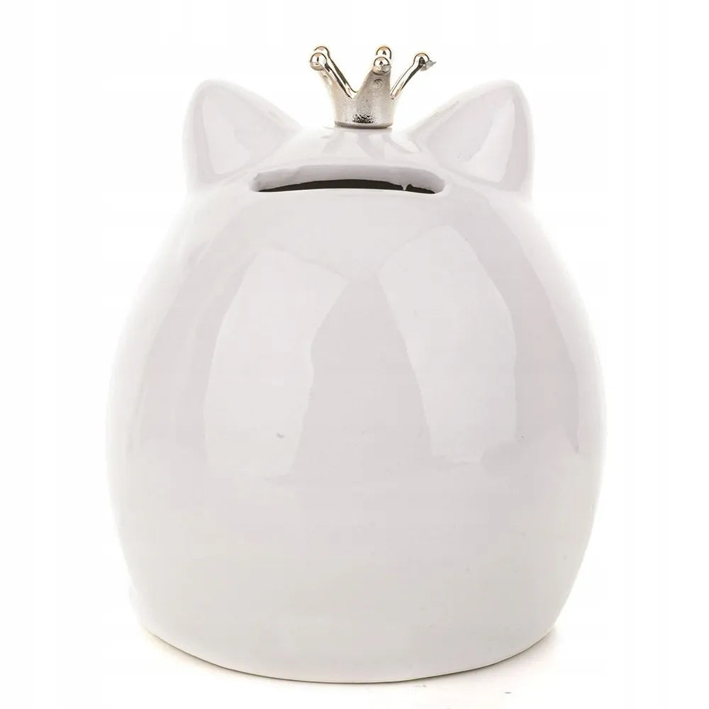 Keraminė glazūruota taupyklė katinas 12 cm balta, juoda, auksinė su karūna