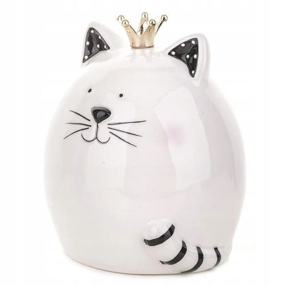 Keraminė glazūruota taupyklė katinas 12 cm balta, juoda, auksinė su karūna