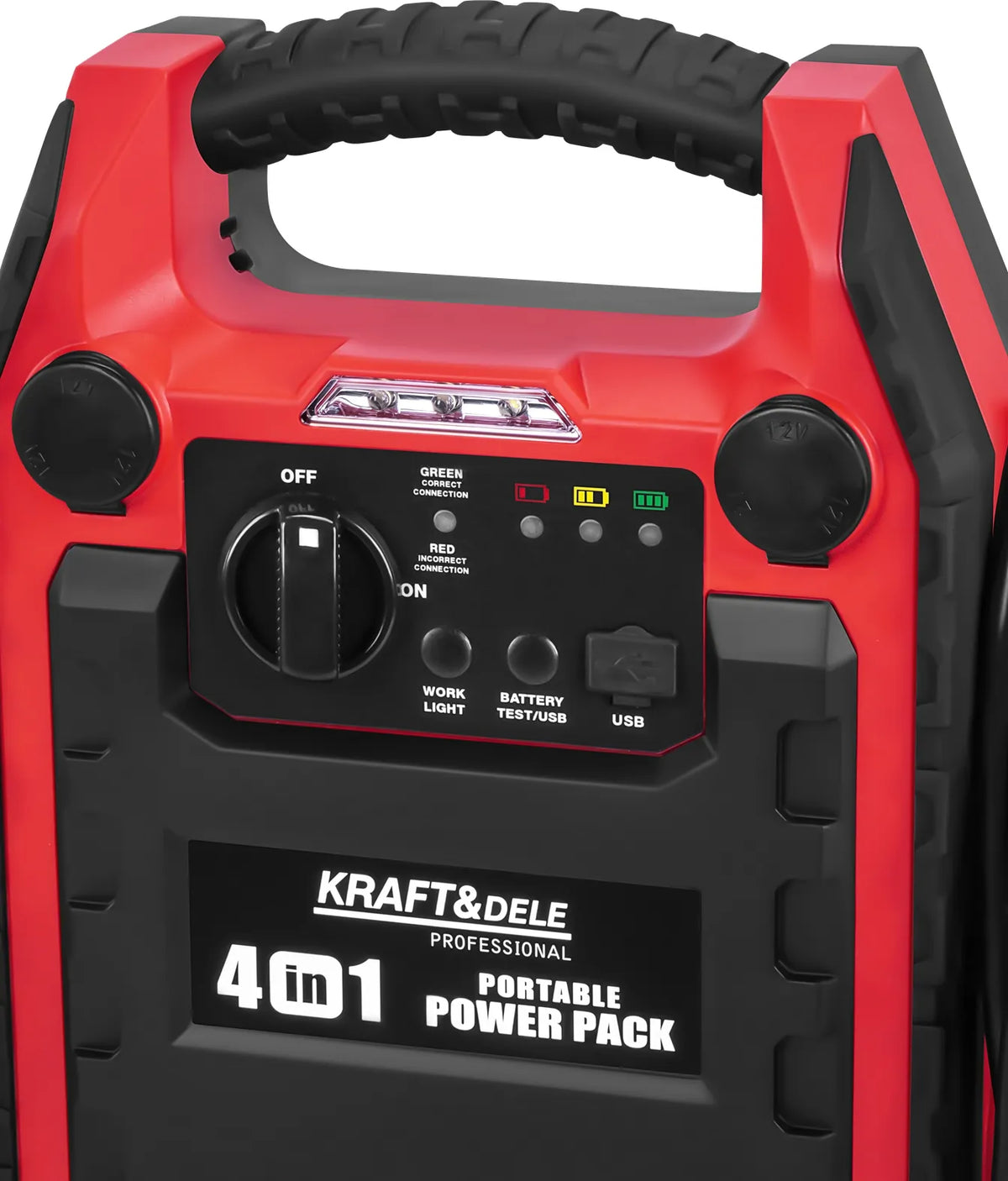 Kraft&Dele KD5346 4 viename automobilinis paleidimo įrenginys, 1200/600 A, 22 Ah, 12 V, su LED apšvietimu ir kompresoriumi