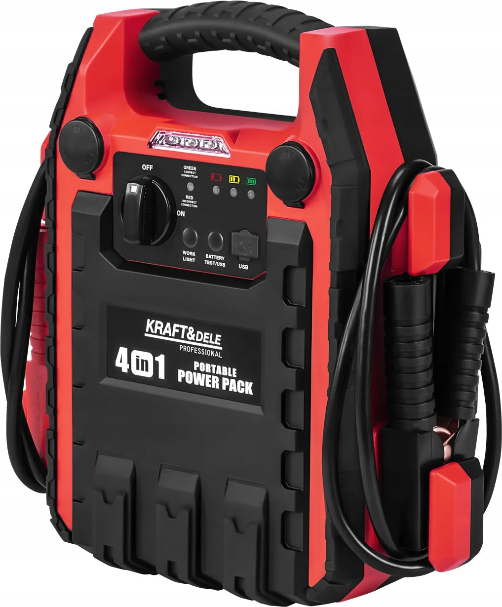 Kraft&Dele KD5346 4 viename automobilinis paleidimo įrenginys, 1200/600 A, 22 Ah, 12 V, su LED apšvietimu ir kompresoriumi