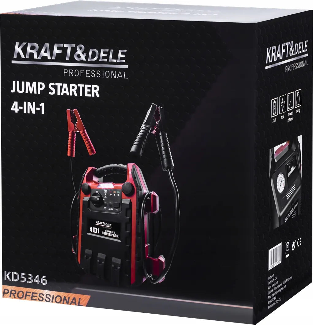 Kraft&Dele KD5346 4 viename automobilinis paleidimo įrenginys, 1200/600 A, 22 Ah, 12 V, su LED apšvietimu ir kompresoriumi