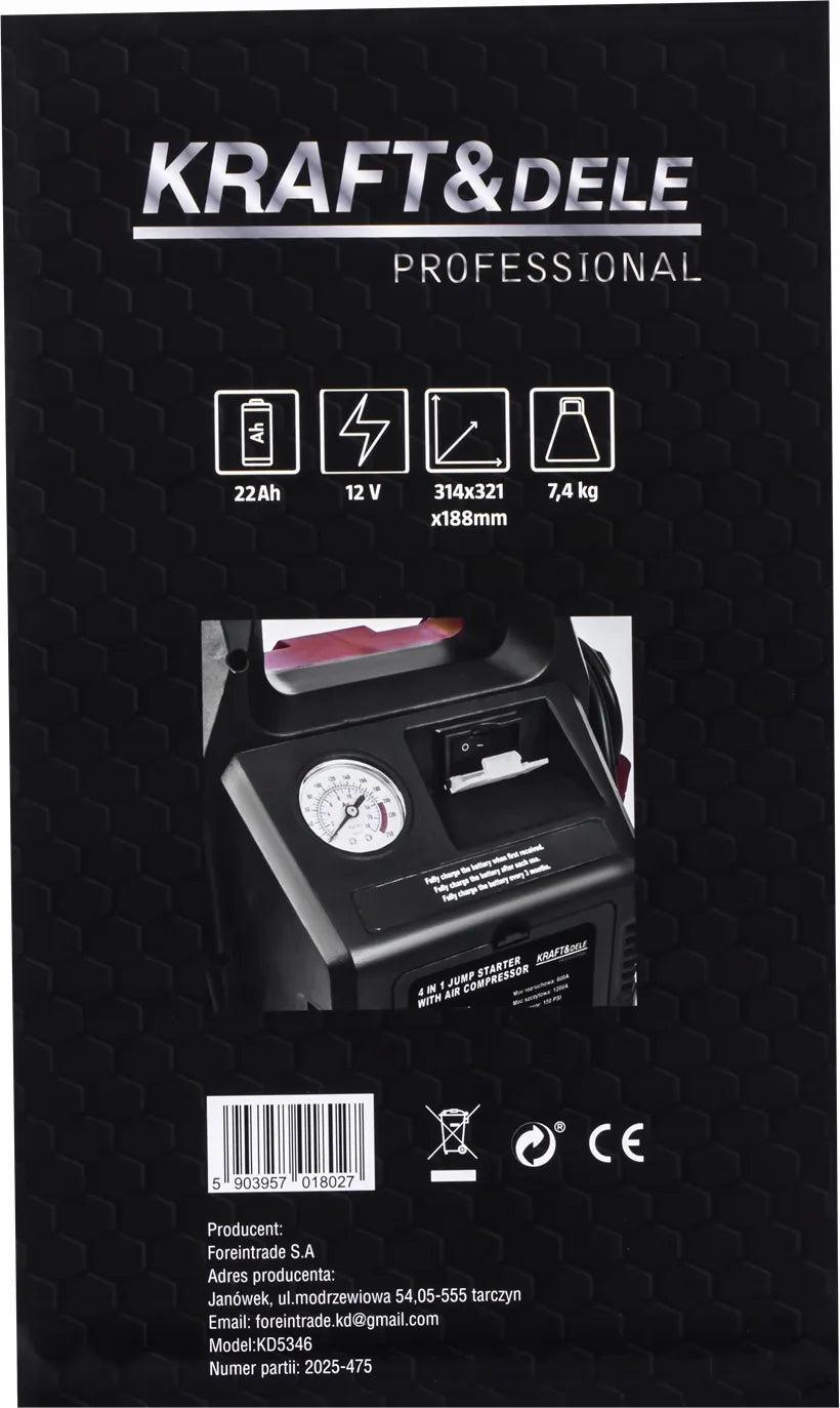 Kraft&Dele KD5346 4 viename automobilinis paleidimo įrenginys, 1200/600 A, 22 Ah, 12 V, su LED apšvietimu ir kompresoriumi