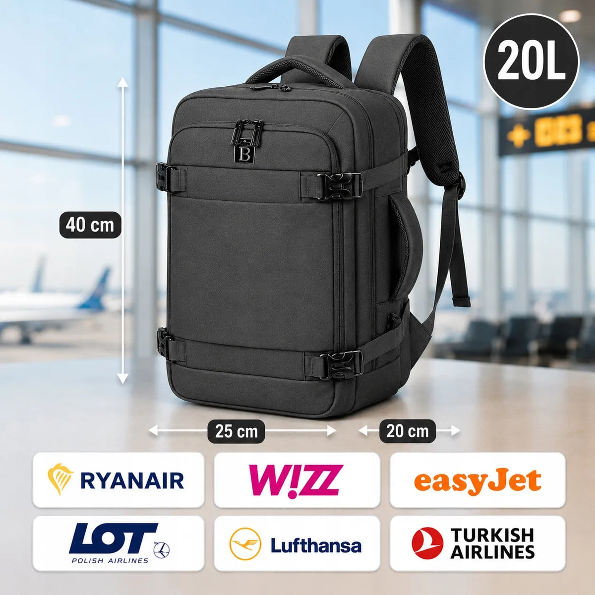Kuprinė į lėktuvą rankiniam bagažui 40x25x20 Ryanair Wizz Air kabininė 20L