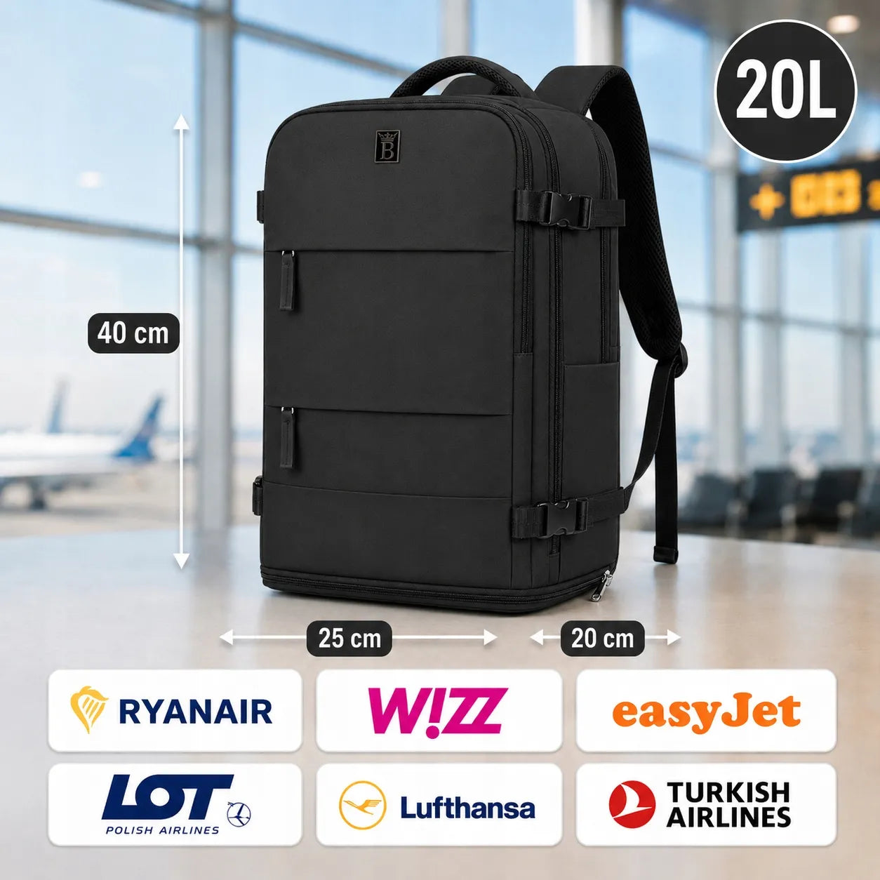 Kuprinė į lėktuvą, rankinis bagažas 40x25x20 WizzAir Ryanair, kabininė 20l USB