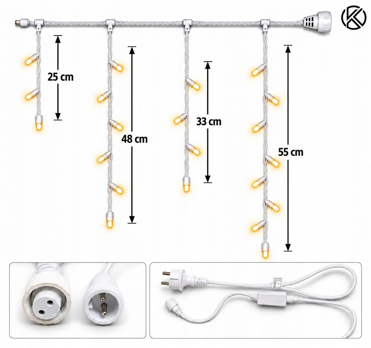 Kvasaro 1000 LED lauko šviesos užuolaida-varvekliai, IP44, šilta ir šalta balta šviesa, mirksėjimo efektas, 50 m