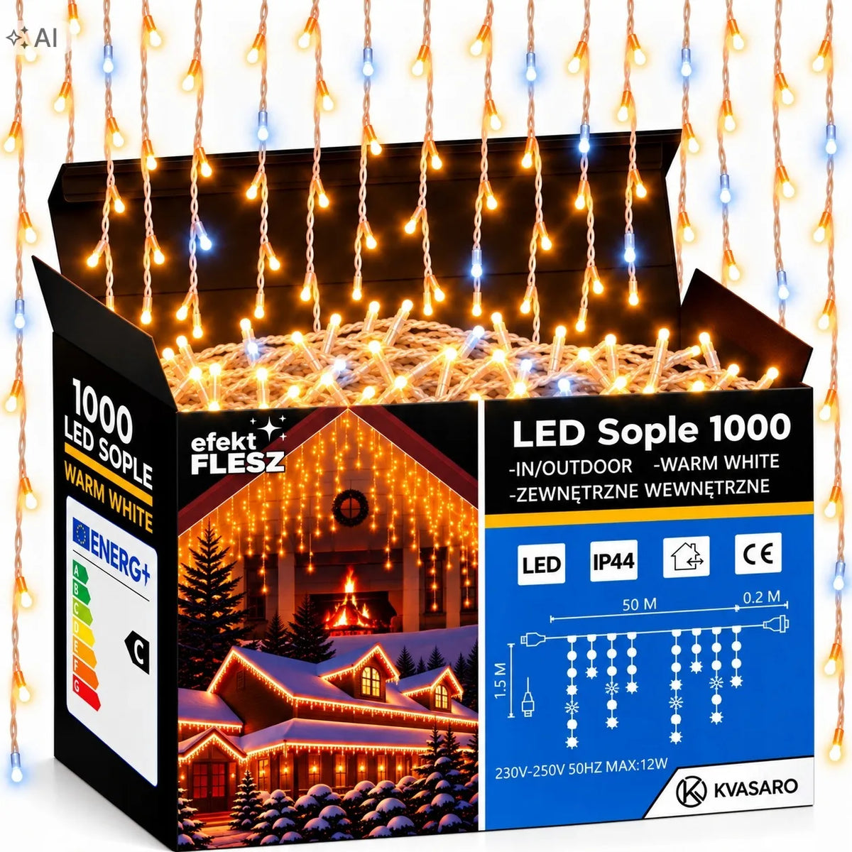 Kvasaro 1000 LED lauko šviesos užuolaida-varvekliai, IP44, šilta ir šalta balta šviesa, mirksėjimo efektas, 50 m