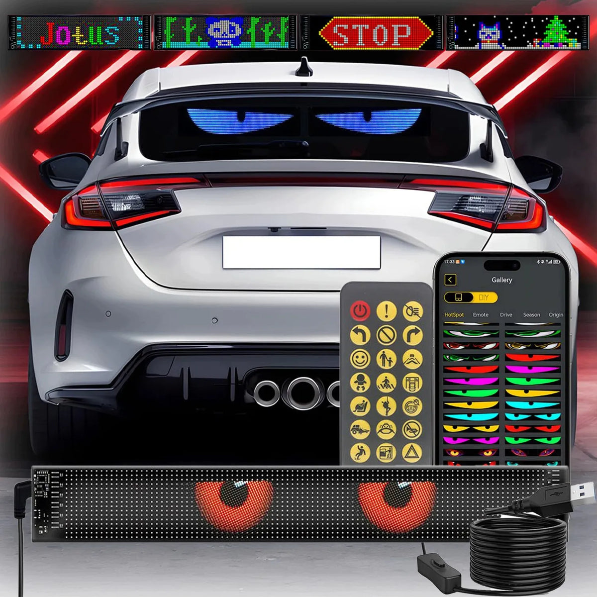 Lankstus LED ekranas sunkvežimiui 60 × 12 cm, „Velnio akys“, valdoma programėle