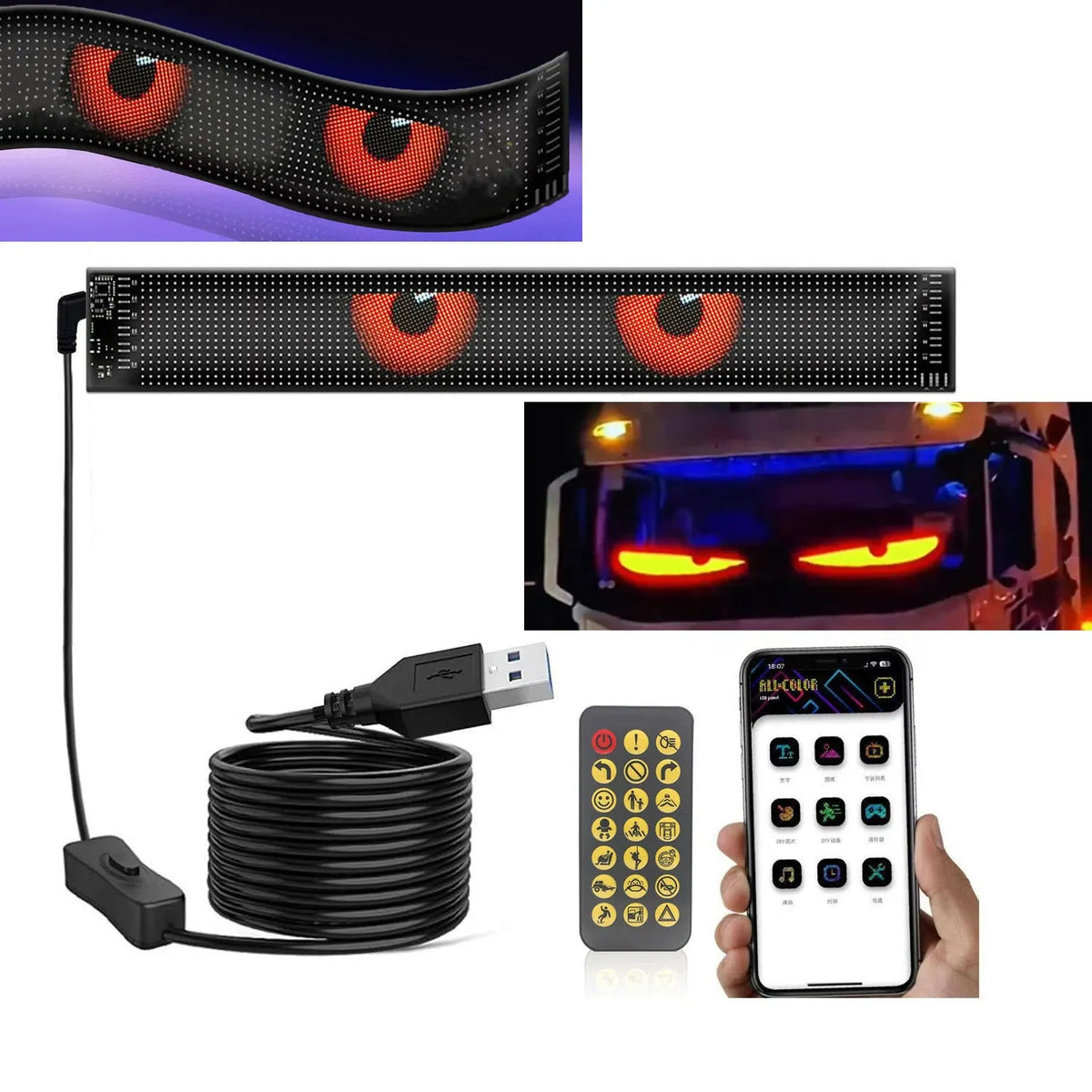 Lankstus LED ekranas sunkvežimiui 60 × 12 cm, „Velnio akys“, valdoma programėle