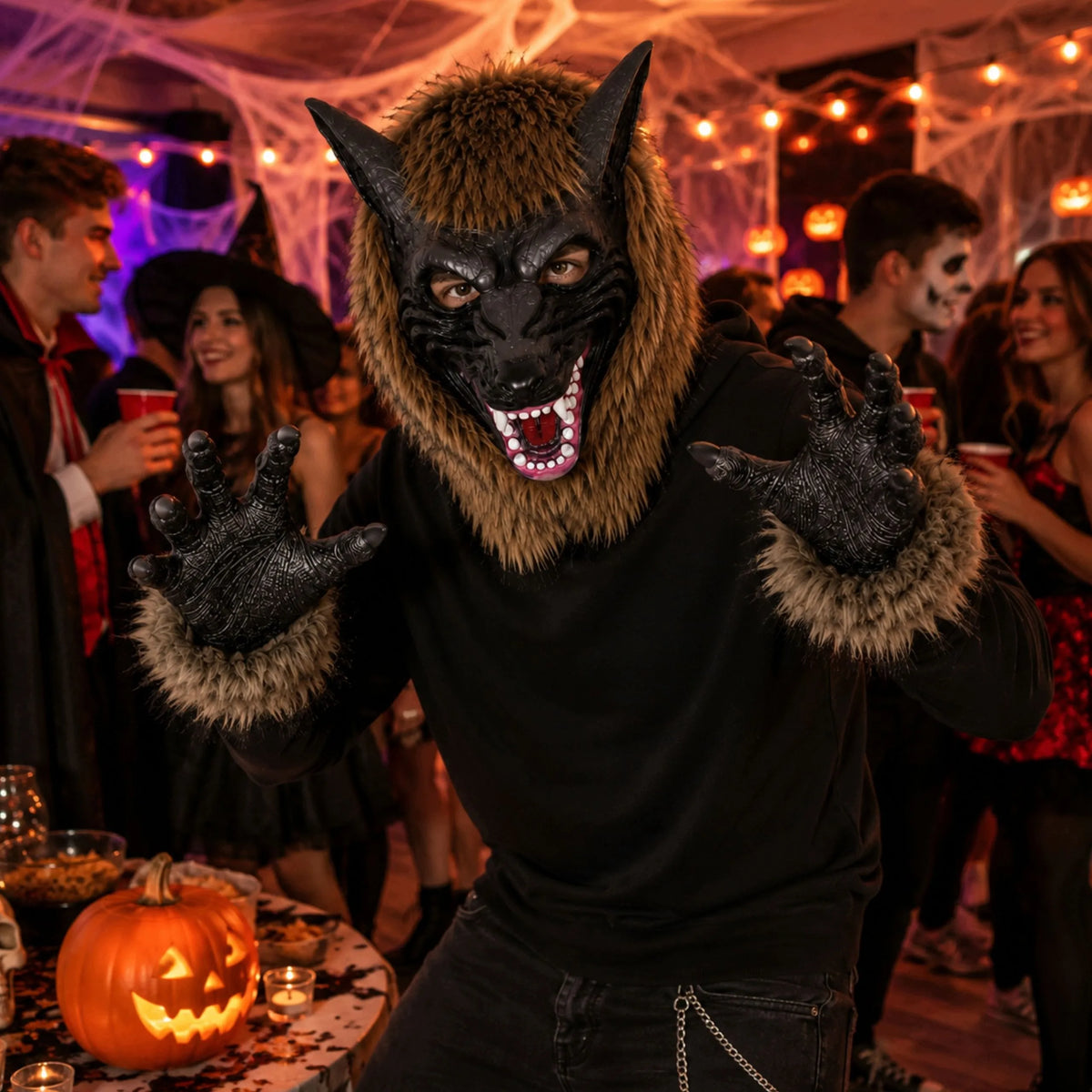 Lateksinė vilkolakio kaukė su kailio detalėmis ir pirštinėmis su nagais, Helovinui