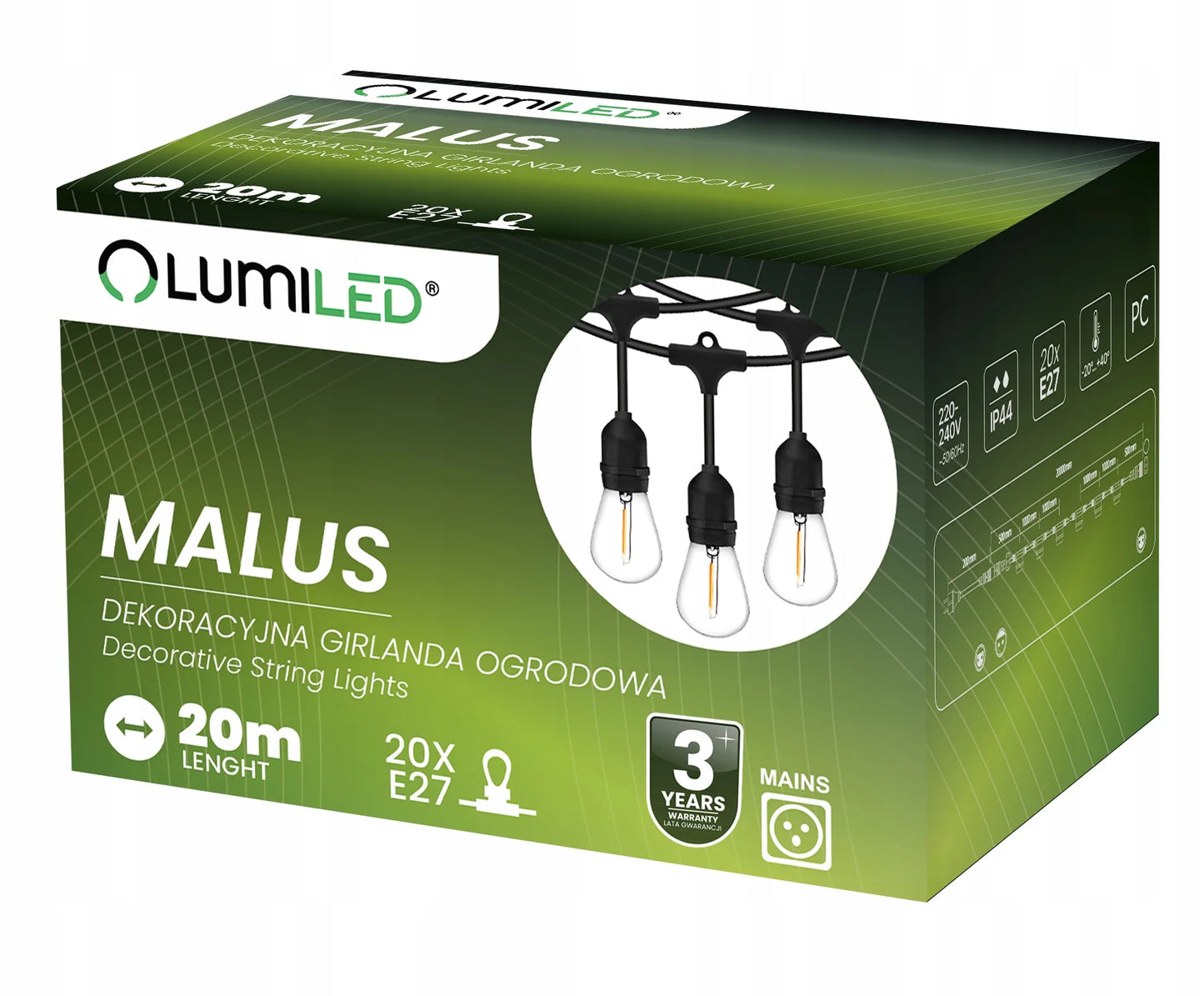 Lauko sodo girlianda, šviesų grandinė, LED laidas, 20m, 20x E27
