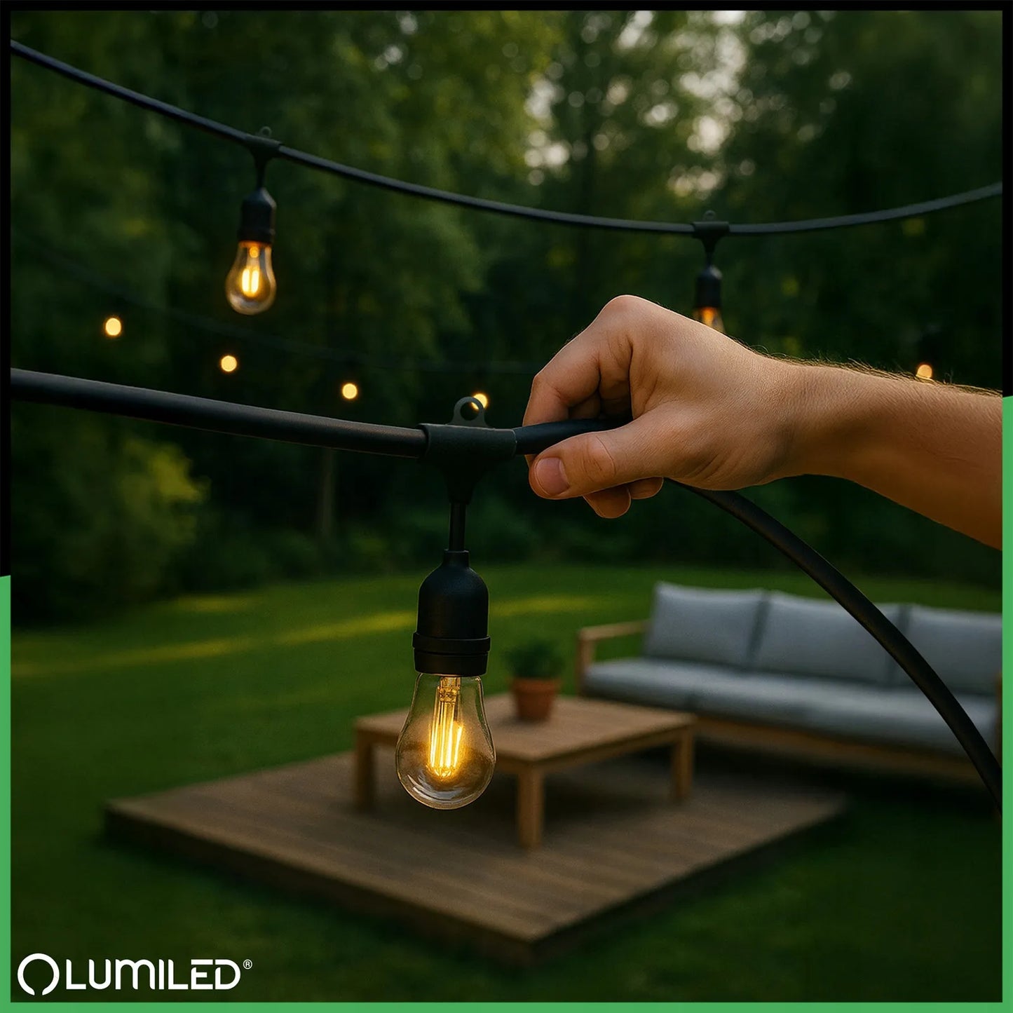 Lauko sodo girlianda, šviesų grandinė, LED laidas, 20m, 20x E27