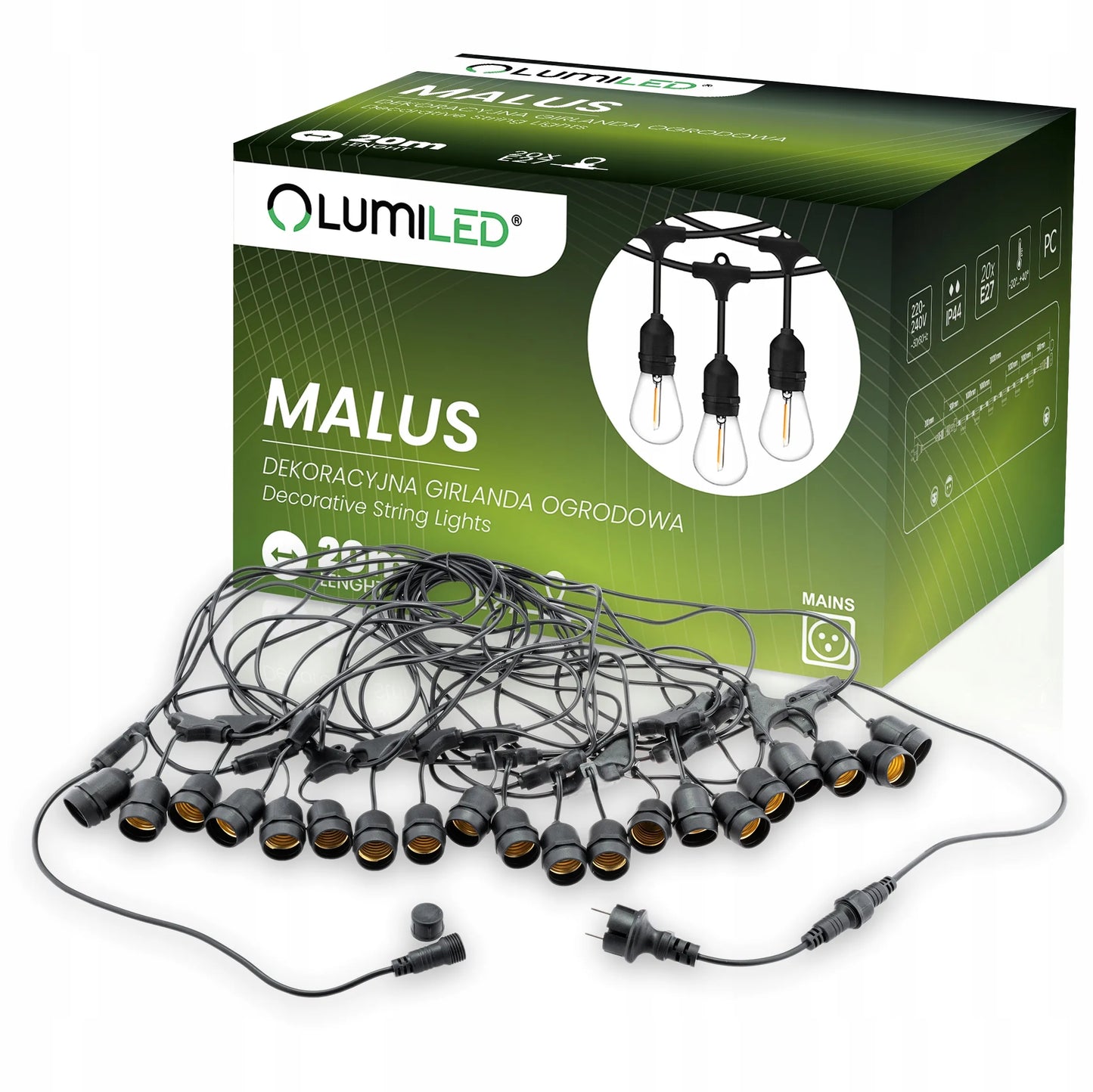 Lauko sodo girlianda, šviesų grandinė, LED laidas, 20m, 20x E27