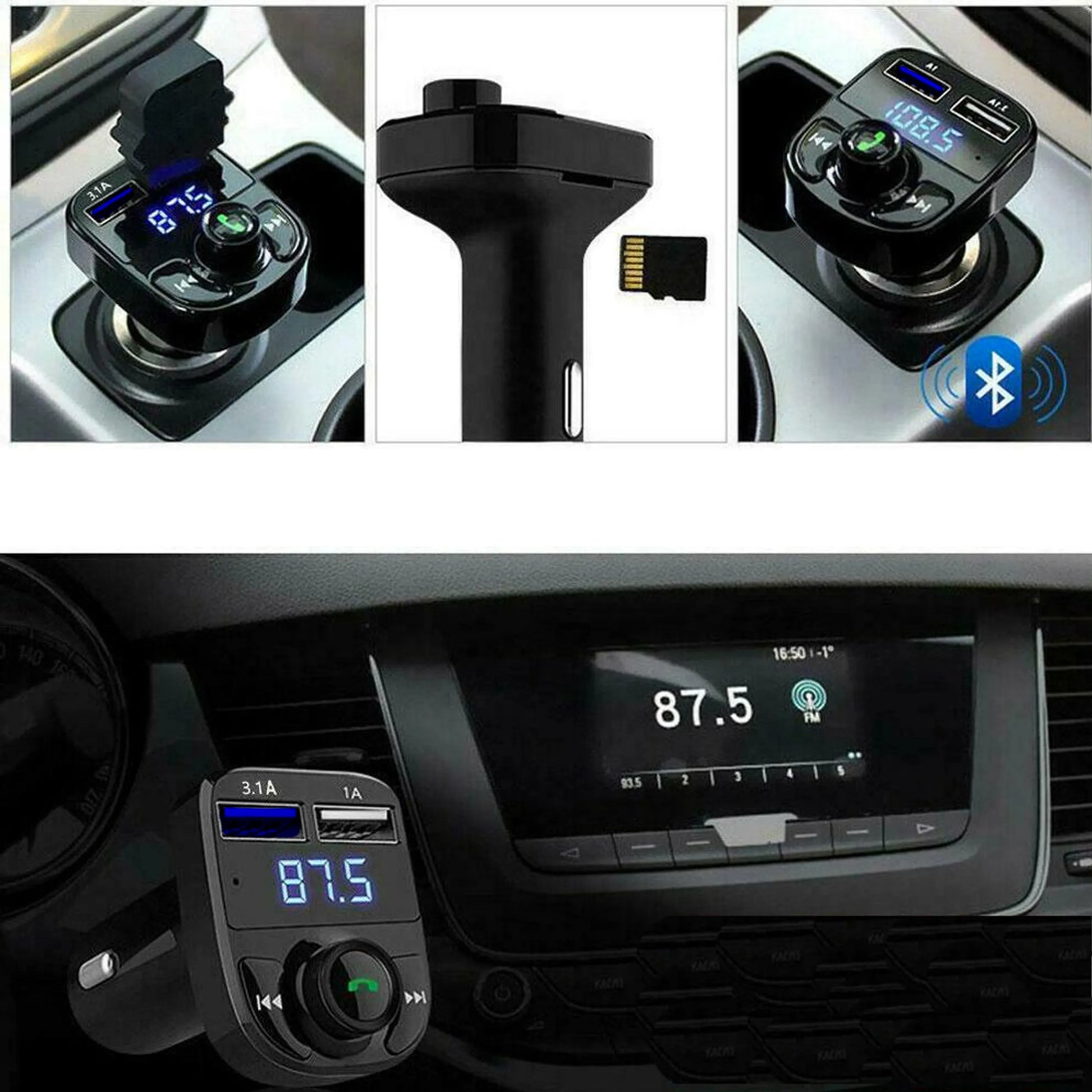 LAZYhome TRANSMITER FM DUAL 2xUSB X8 „Bluetooth“ FM MP3 SD įkroviklis su laisvų rankų įranga