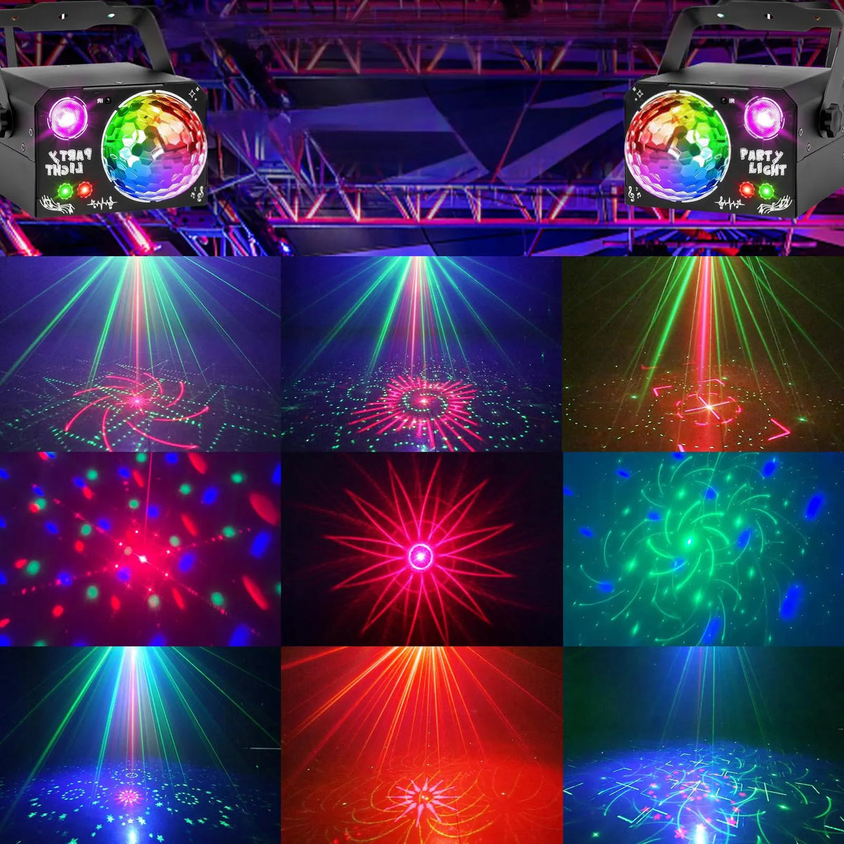 LED disko šviestuvas vakarėliams, RGB lazerio ir disko rutulio efektai, nuotolinio valdymo pultas, 4 viename