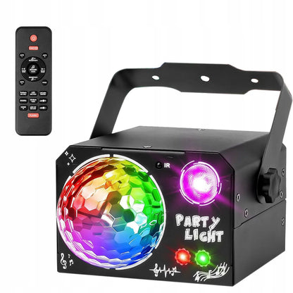LED disko šviestuvas vakarėliams, RGB lazerio ir disko rutulio efektai, nuotolinio valdymo pultas, 4 viename