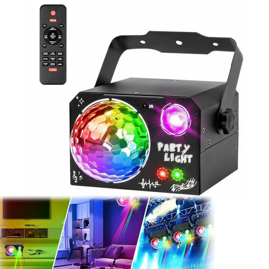 LED disko šviestuvas vakarėliams, RGB lazerio ir disko rutulio efektai, nuotolinio valdymo pultas, 4 viename