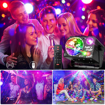LED disko šviestuvas vakarėliams, RGB lazerio ir disko rutulio efektai, nuotolinio valdymo pultas, 4 viename