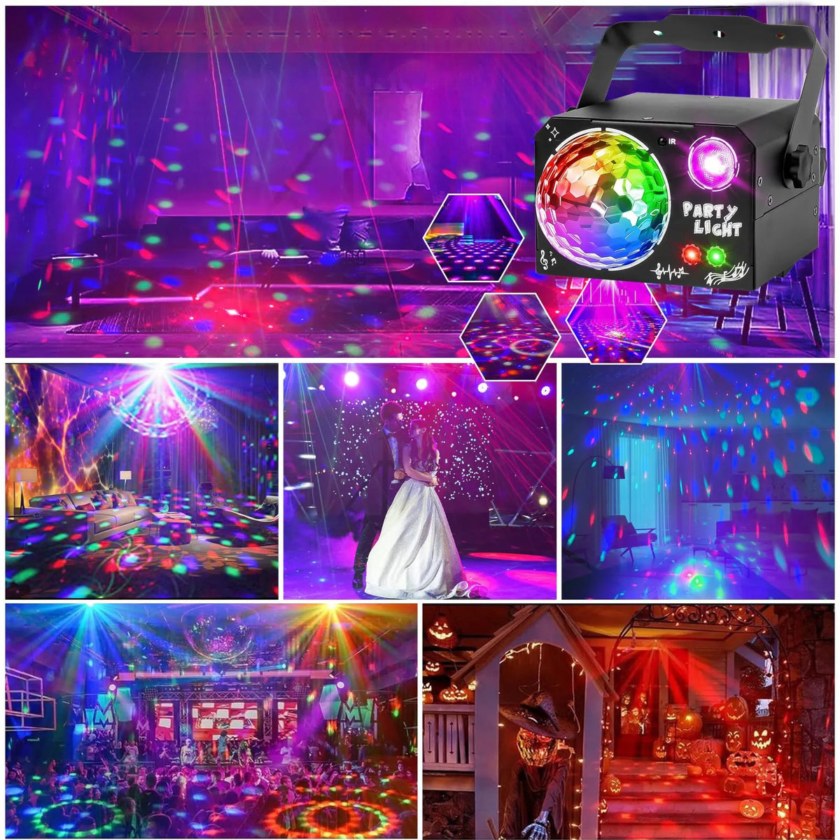 LED disko šviestuvas vakarėliams, RGB lazerio ir disko rutulio efektai, nuotolinio valdymo pultas, 4 viename