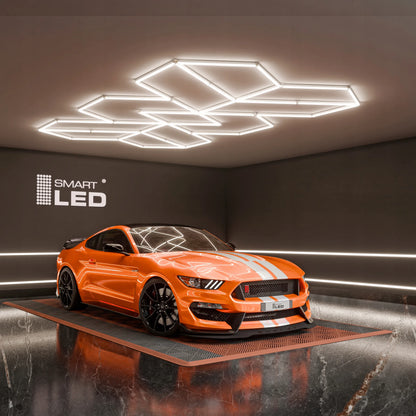 LED HEXAGON lubinis šviestuvas 588 W garažui ir dirbtuvėms, 482 × 279 cm