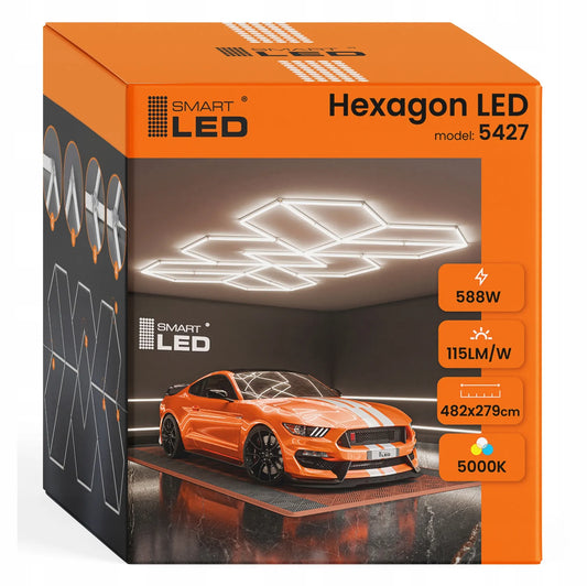 LED HEXAGON lubinis šviestuvas 588 W garažui ir dirbtuvėms, 482 × 279 cm