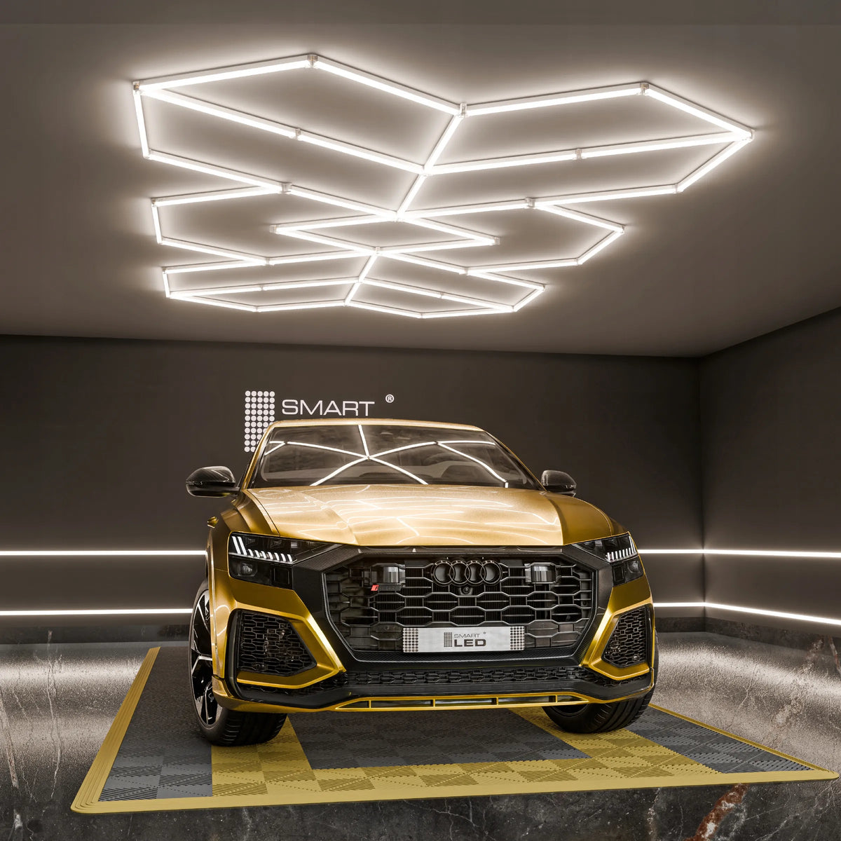 LED HEXAGON lubinis šviestuvas 588 W garažui ir dirbtuvėms, 482 × 279 cm