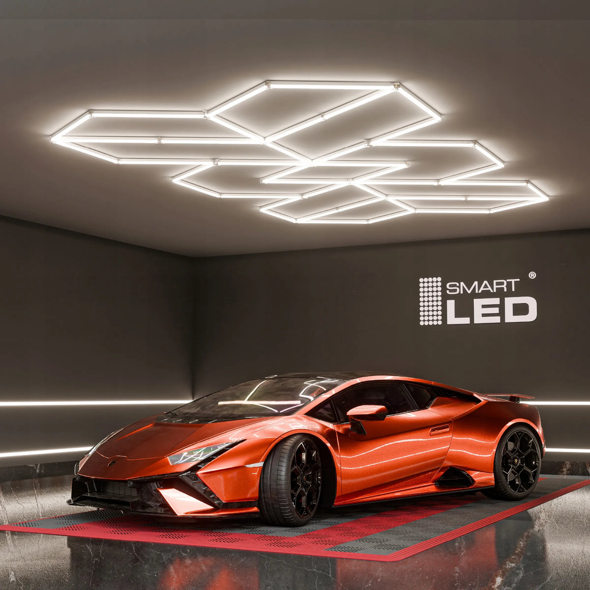 LED HEXAGON lubinis šviestuvas 588 W garažui ir dirbtuvėms, 482 × 279 cm