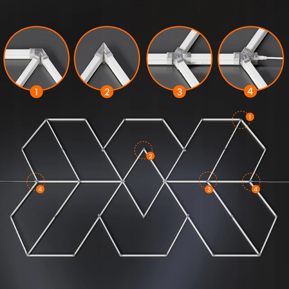 LED HEXAGON lubinis šviestuvas 588 W garažui ir dirbtuvėms, 482 × 279 cm