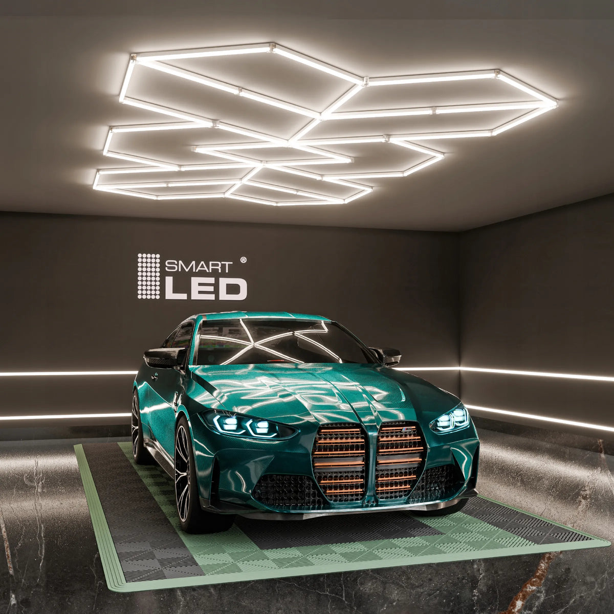 LED HEXAGON lubinis šviestuvas 588 W garažui ir dirbtuvėms, 482 × 279 cm