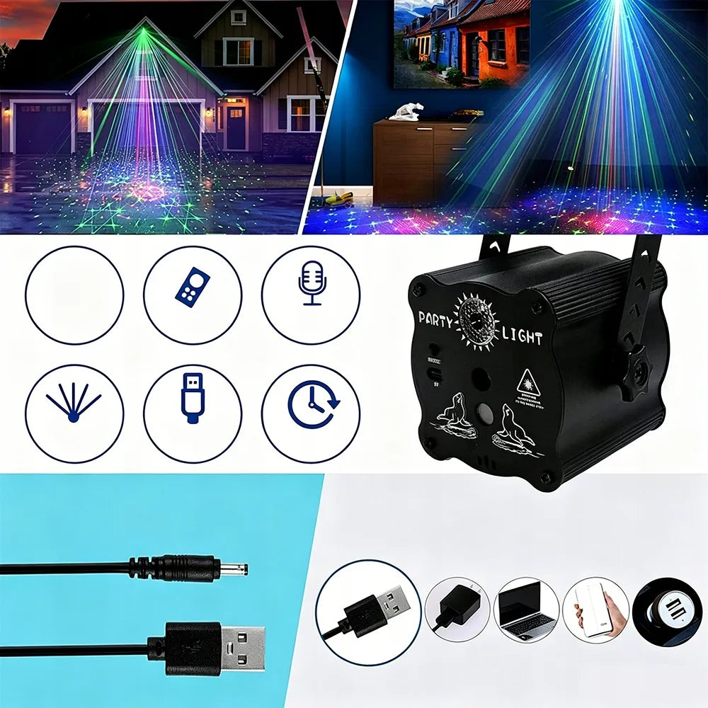 LED lazerinis projektorius USB diskotekų šviesos efektas 60 raštų