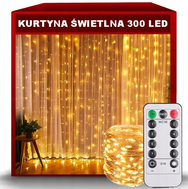 LED šviesos užuolaida 3 × 3 m, 300 kalėdinių lempučių, girlianda langui
