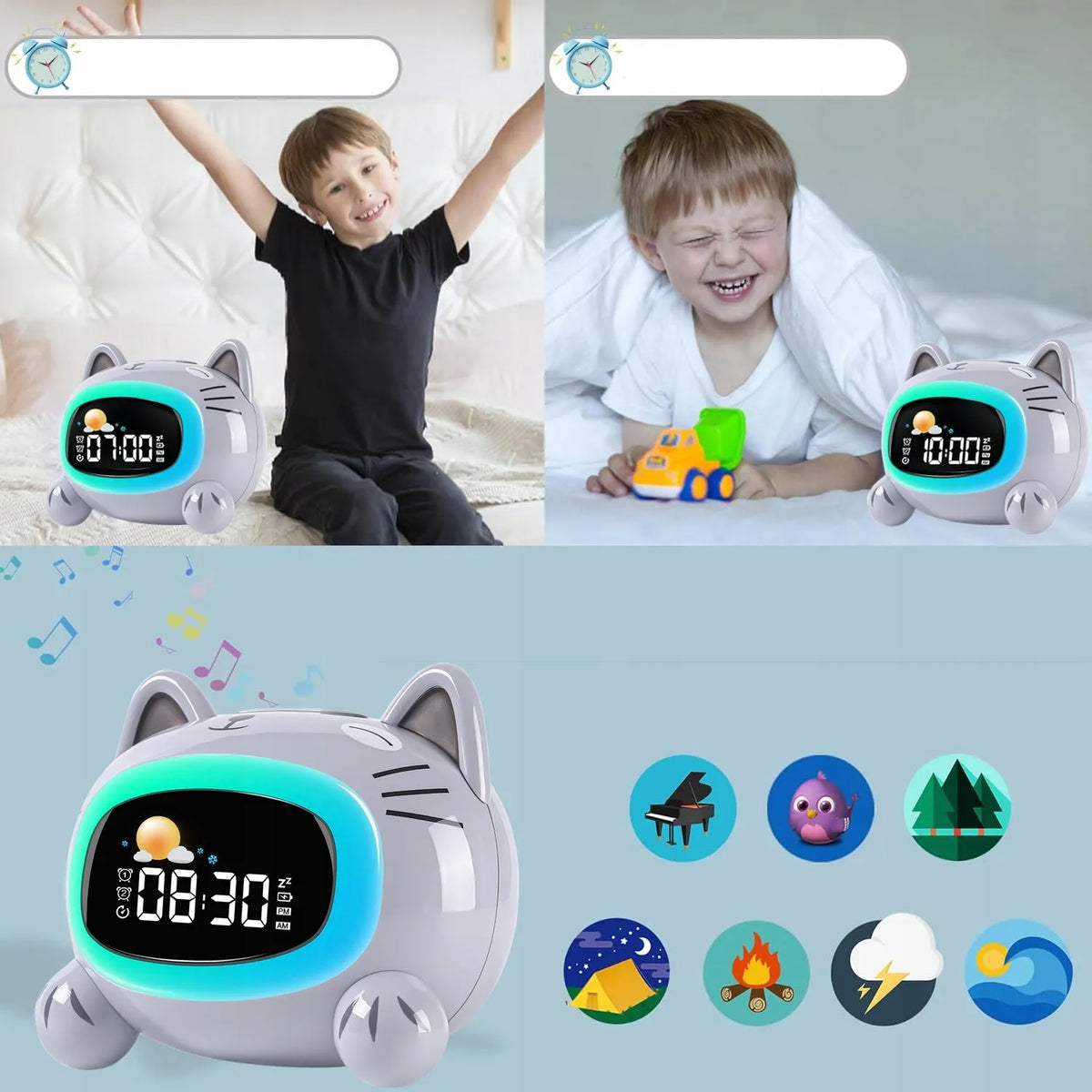 LED Vaikiškas Laikrodis su Žadintuvu Katinas