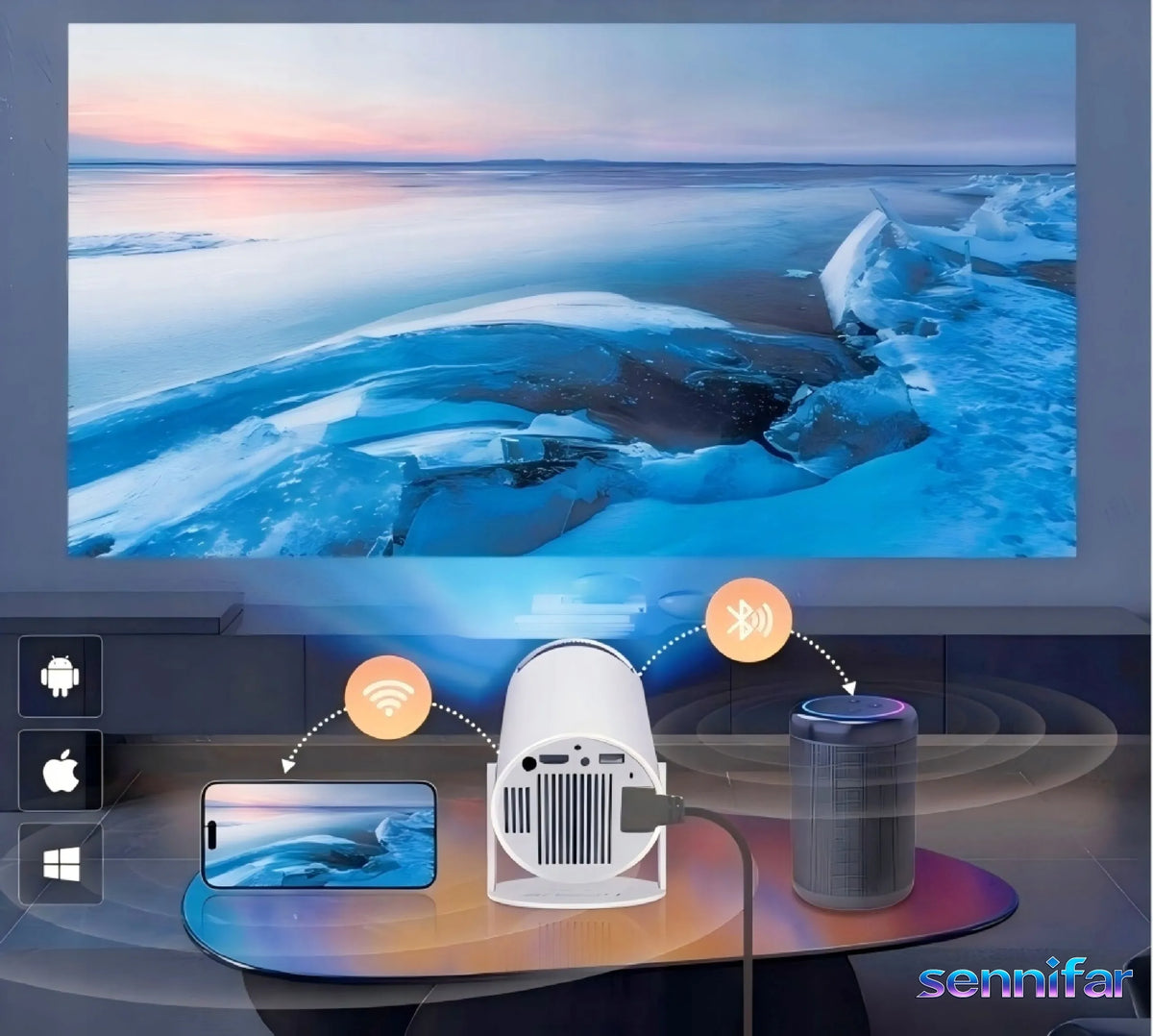 „ledrgb“ nešiojamasis „Android TV“ projektorius, 4K turinio palaikymas, „Wi-Fi“, „Full HD“, išmanusis garsiakalbis