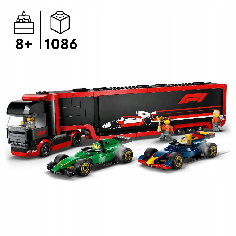 LEGO 60445 City F1 sunkvežimis su RB20 ir AMR24 F1 bolidais
