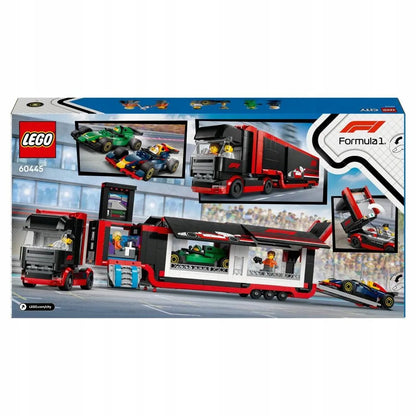 LEGO 60445 City F1 sunkvežimis su RB20 ir AMR24 F1 bolidais