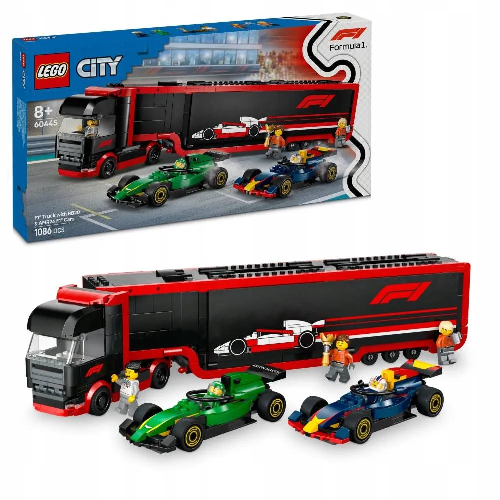 LEGO 60445 City F1 sunkvežimis su RB20 ir AMR24 F1 bolidais