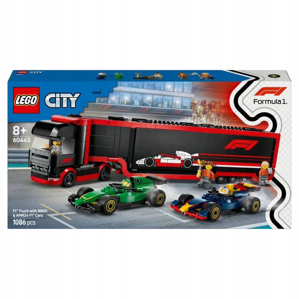 LEGO 60445 City F1 sunkvežimis su RB20 ir AMR24 F1 bolidais