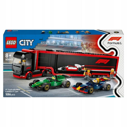 LEGO 60445 City F1 sunkvežimis su RB20 ir AMR24 F1 bolidais